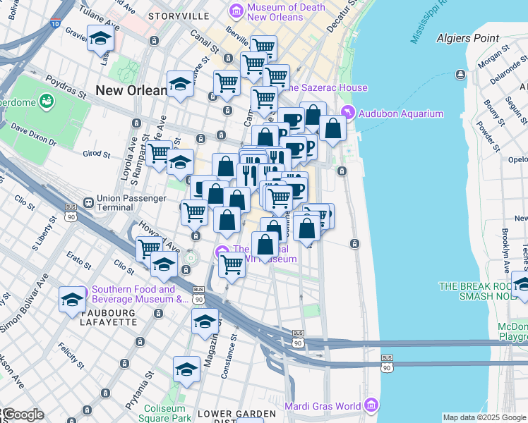 map of restaurants, bars, coffee shops, grocery stores, and more near 731 Tchoupitoulas Street in New Orleans