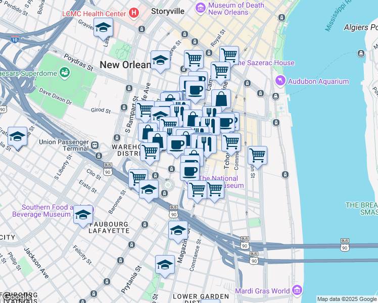 map of restaurants, bars, coffee shops, grocery stores, and more near 755 Camp Street in New Orleans