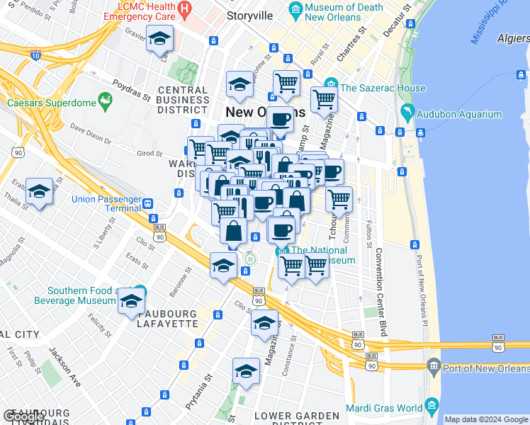 map of restaurants, bars, coffee shops, grocery stores, and more near 700 Julia Street in New Orleans