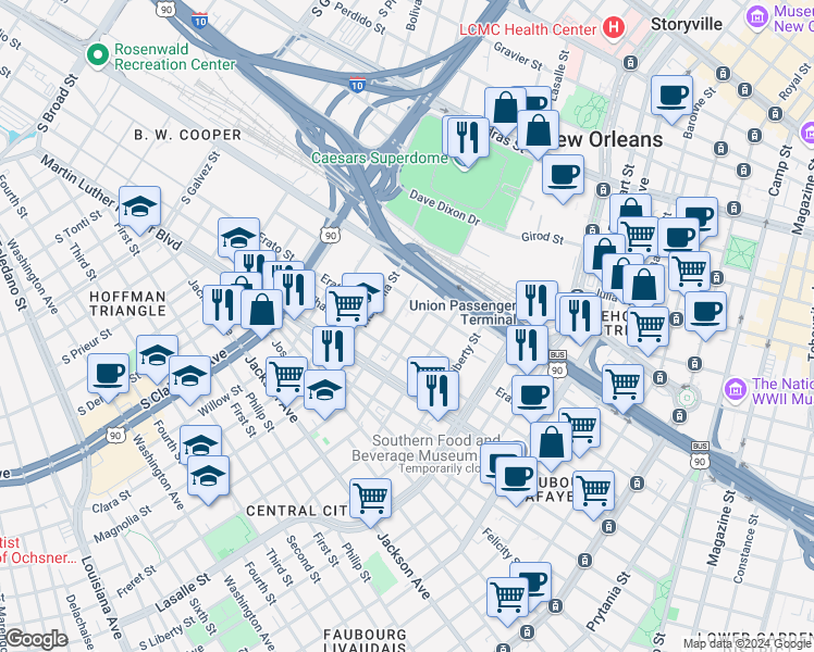 map of restaurants, bars, coffee shops, grocery stores, and more near 1241 South Robertson Street in New Orleans