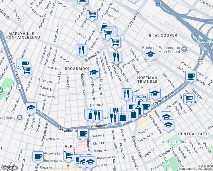 map of restaurants, bars, coffee shops, grocery stores, and more near 3506 South Miro Street in New Orleans