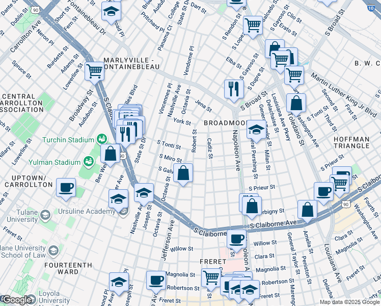 map of restaurants, bars, coffee shops, grocery stores, and more near 3534 Robert Street in New Orleans