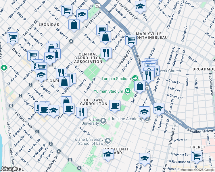 map of restaurants, bars, coffee shops, grocery stores, and more near 1634 Broadway Street in New Orleans