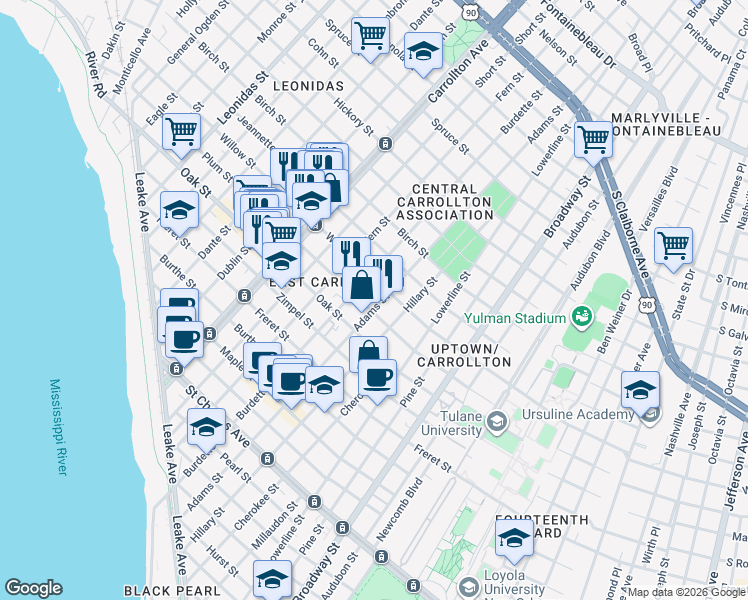 map of restaurants, bars, coffee shops, grocery stores, and more near 1301 Burdette Street in New Orleans