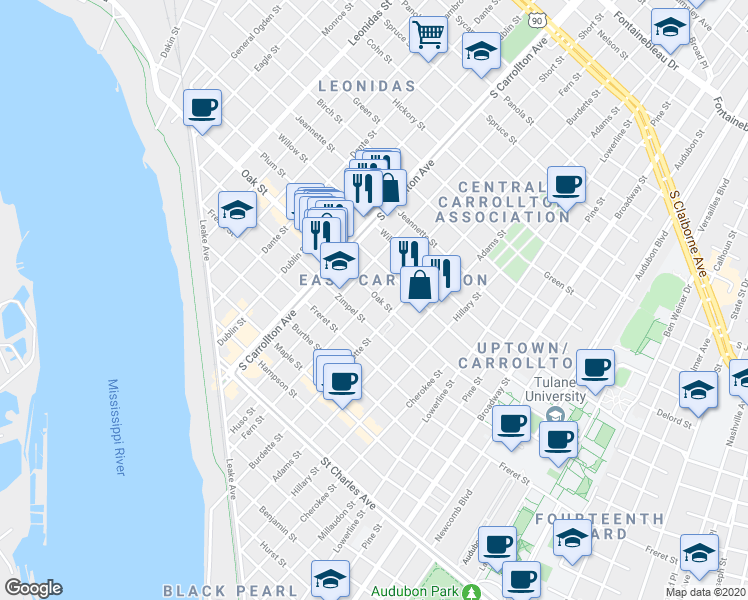 map of restaurants, bars, coffee shops, grocery stores, and more near 1213 Fern Street in New Orleans