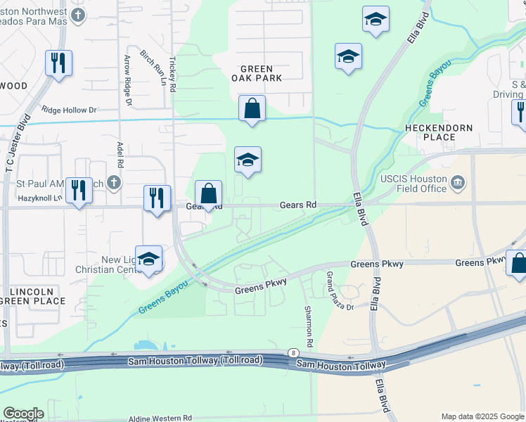 map of restaurants, bars, coffee shops, grocery stores, and more near 1333 Gears Road in Houston