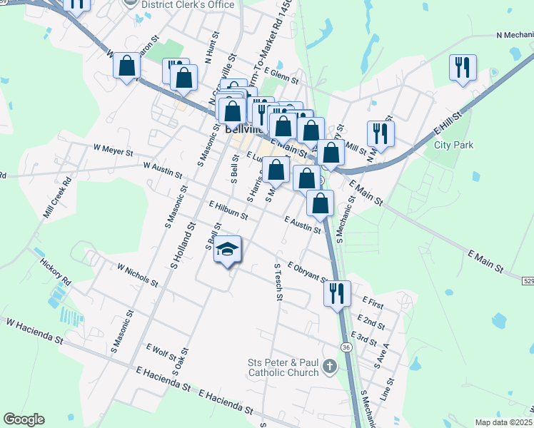 map of restaurants, bars, coffee shops, grocery stores, and more near 313 East Austin Street in Bellville