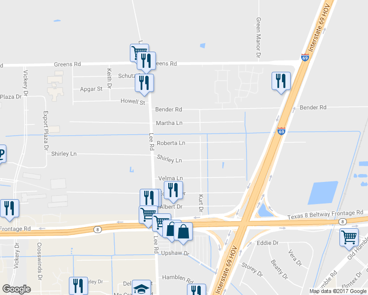 map of restaurants, bars, coffee shops, grocery stores, and more near 5906 Roberta Lane in Humble