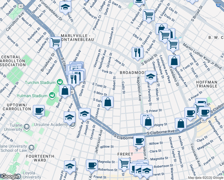 map of restaurants, bars, coffee shops, grocery stores, and more near 3534 Robert Street in New Orleans