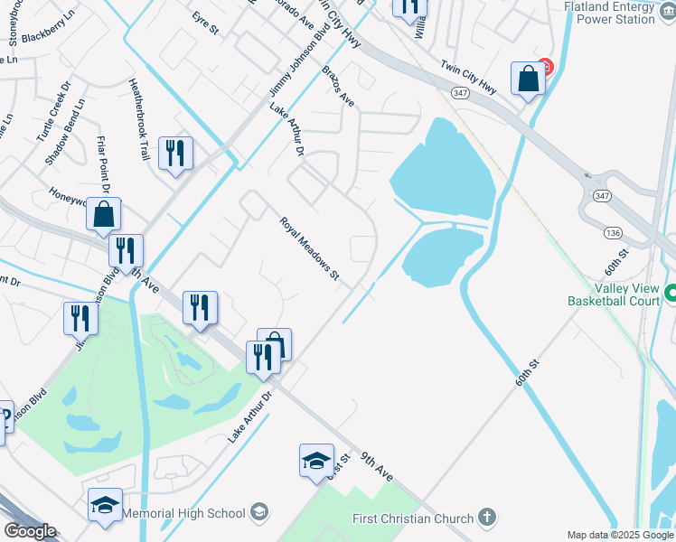 map of restaurants, bars, coffee shops, grocery stores, and more near 6960 Royal Meadows St in Port Arthur