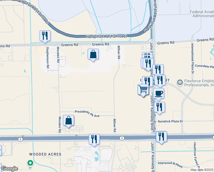 map of restaurants, bars, coffee shops, grocery stores, and more near 15655 Milner Road in Houston
