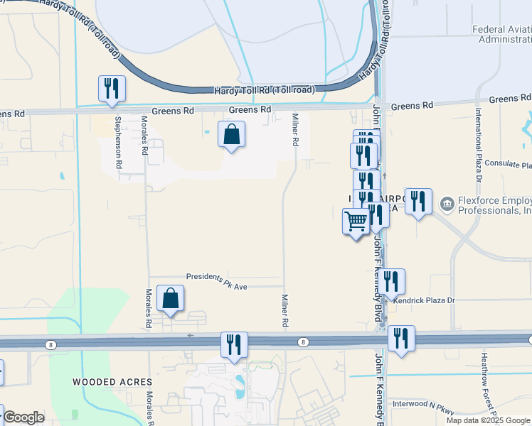 map of restaurants, bars, coffee shops, grocery stores, and more near 15655 Milner Road in Houston