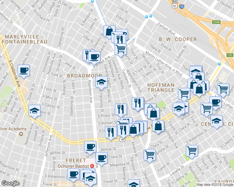 map of restaurants, bars, coffee shops, grocery stores, and more near 3506 South Miro Street in New Orleans