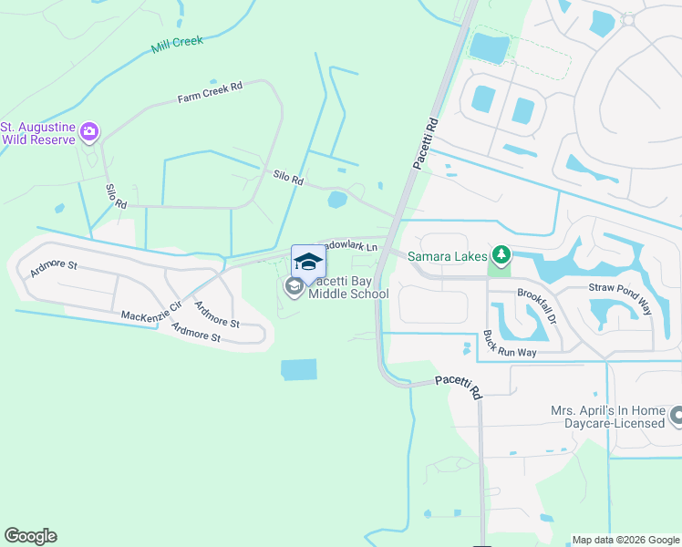map of restaurants, bars, coffee shops, grocery stores, and more near 3625 Pacetti Road in St. Augustine