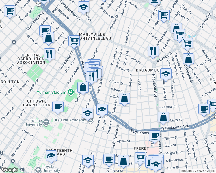 map of restaurants, bars, coffee shops, grocery stores, and more near 3308 Nashville Avenue in New Orleans