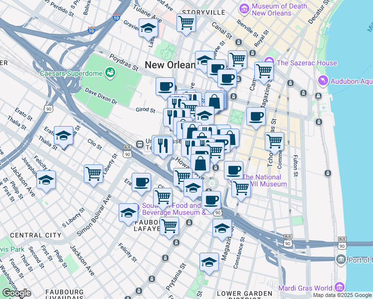map of restaurants, bars, coffee shops, grocery stores, and more near 825 Baronne Street in New Orleans