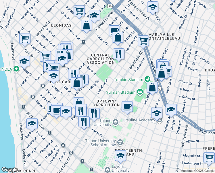 map of restaurants, bars, coffee shops, grocery stores, and more near 7302 Birch Street in New Orleans