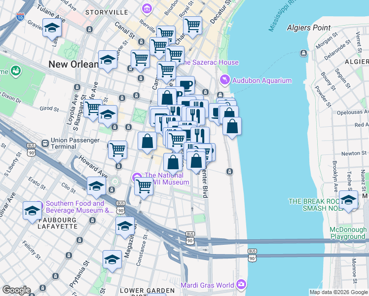 map of restaurants, bars, coffee shops, grocery stores, and more near 700 Commerce Street in New Orleans
