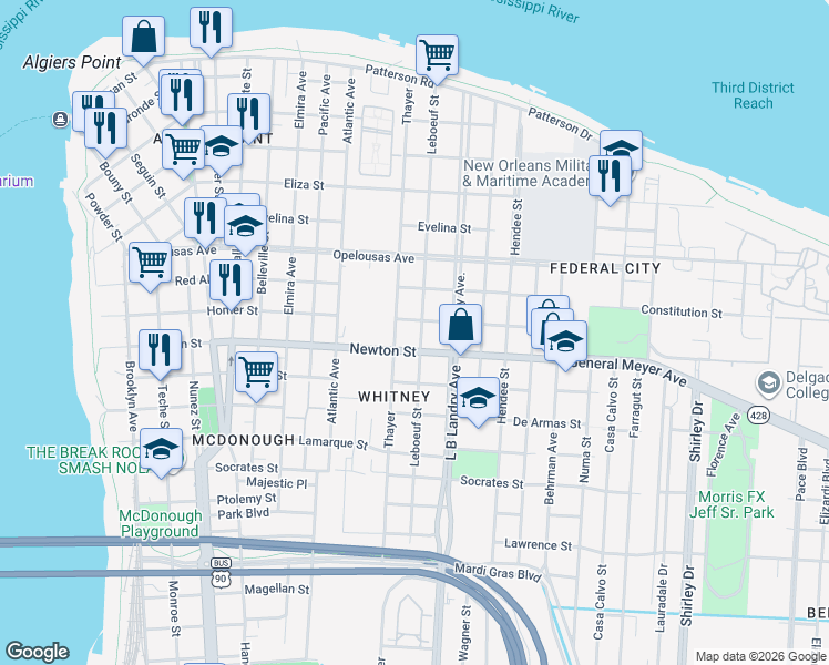 map of restaurants, bars, coffee shops, grocery stores, and more near 914 Leboeuf Street in New Orleans
