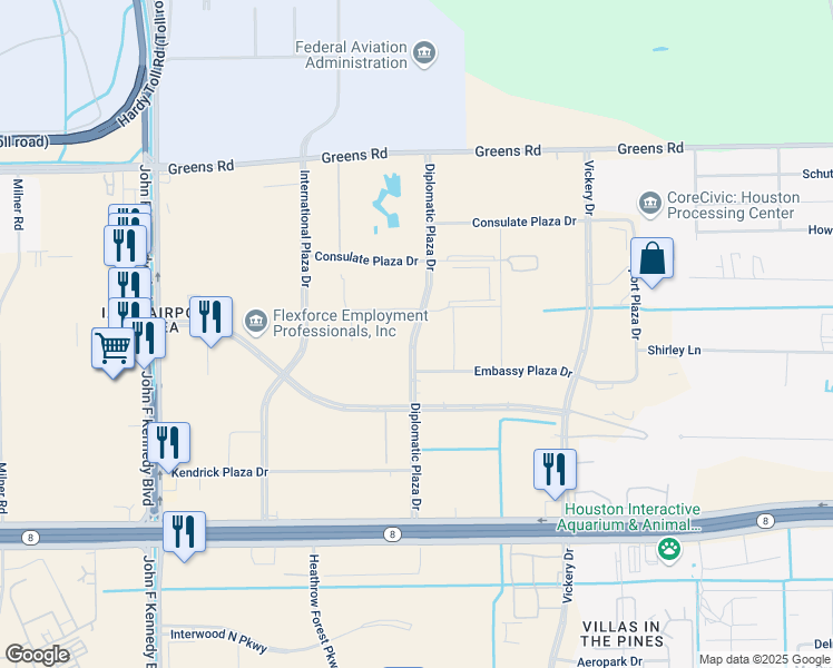 map of restaurants, bars, coffee shops, grocery stores, and more near Diplomatic Plaza Drive in Houston