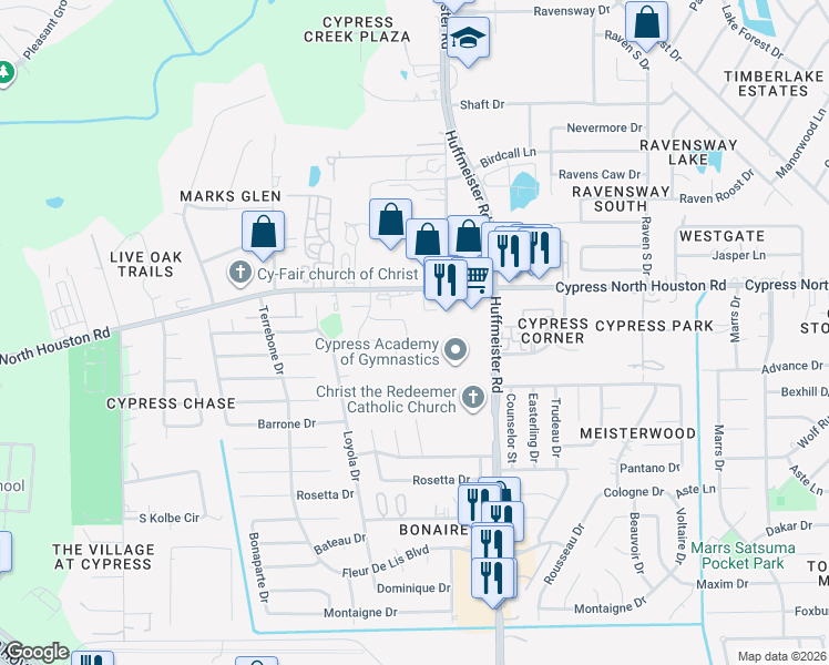 map of restaurants, bars, coffee shops, grocery stores, and more near 13907 Cypress Creek Bank Drive in Harris County