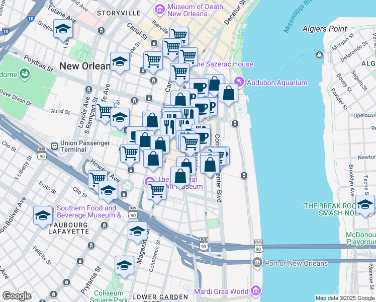 map of restaurants, bars, coffee shops, grocery stores, and more near 700 Tchoupitoulas Street in New Orleans