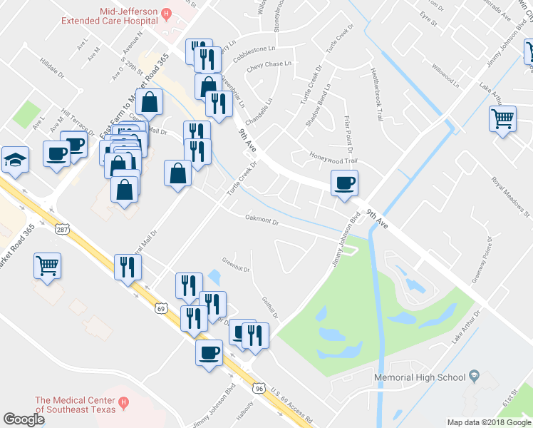 map of restaurants, bars, coffee shops, grocery stores, and more near 7940 Oakmont Drive in Port Arthur