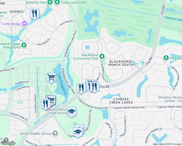 map of restaurants, bars, coffee shops, grocery stores, and more near 11518 Timberly Park Lane in Cypress