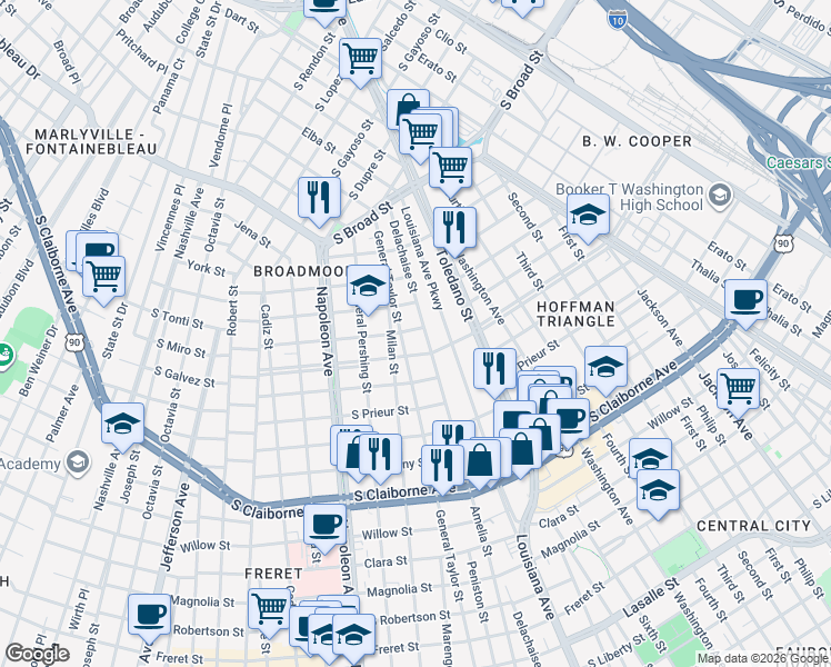 map of restaurants, bars, coffee shops, grocery stores, and more near 3514 South Miro Street in New Orleans