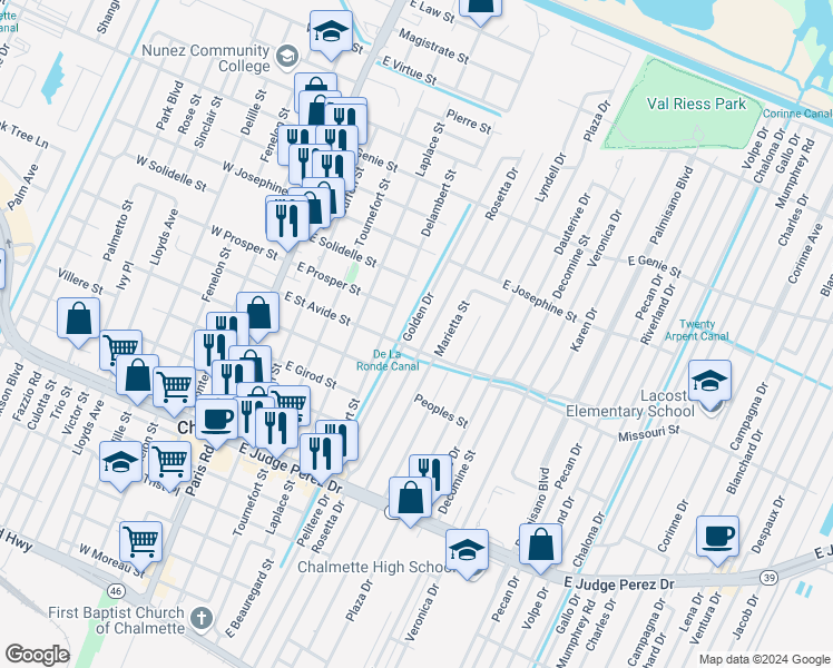 map of restaurants, bars, coffee shops, grocery stores, and more near 505 East Street Avide Street in Chalmette