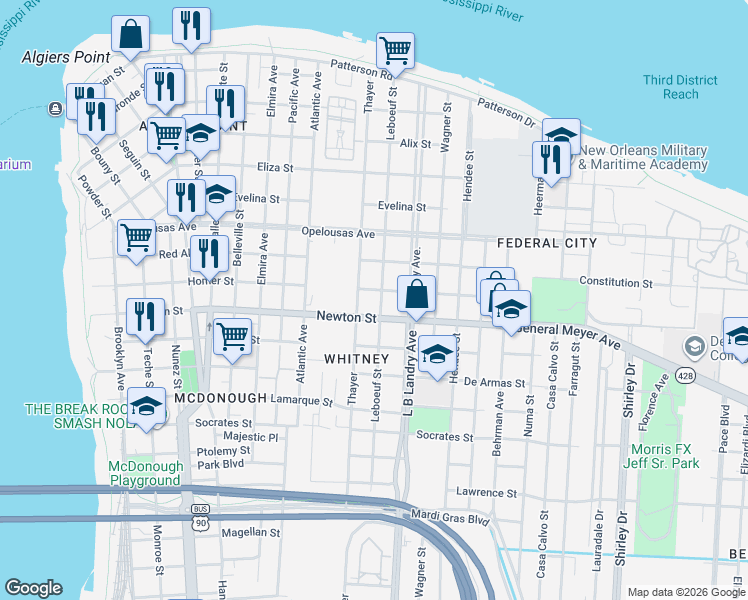map of restaurants, bars, coffee shops, grocery stores, and more near 914 Leboeuf Street in New Orleans