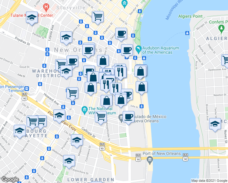 map of restaurants, bars, coffee shops, grocery stores, and more near in New Orleans