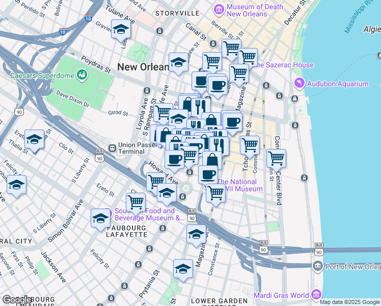 map of restaurants, bars, coffee shops, grocery stores, and more near 700 Julia Street in New Orleans