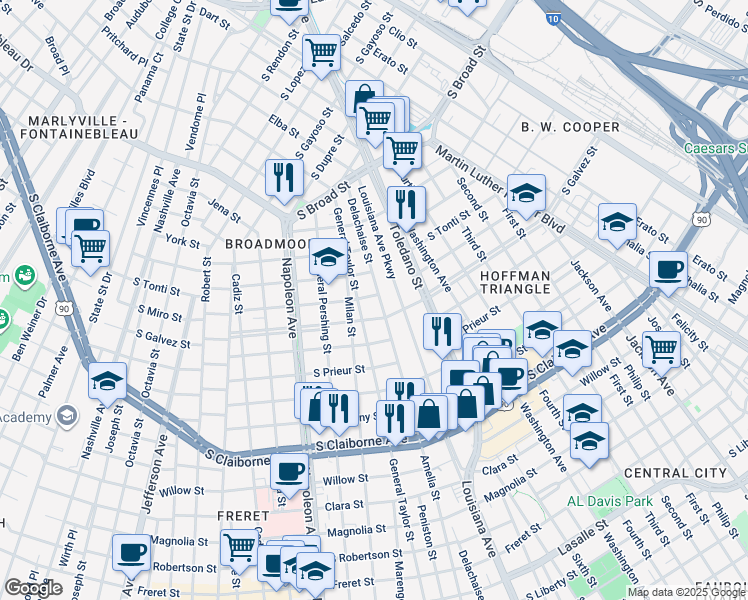 map of restaurants, bars, coffee shops, grocery stores, and more near 3506 South Miro Street in New Orleans