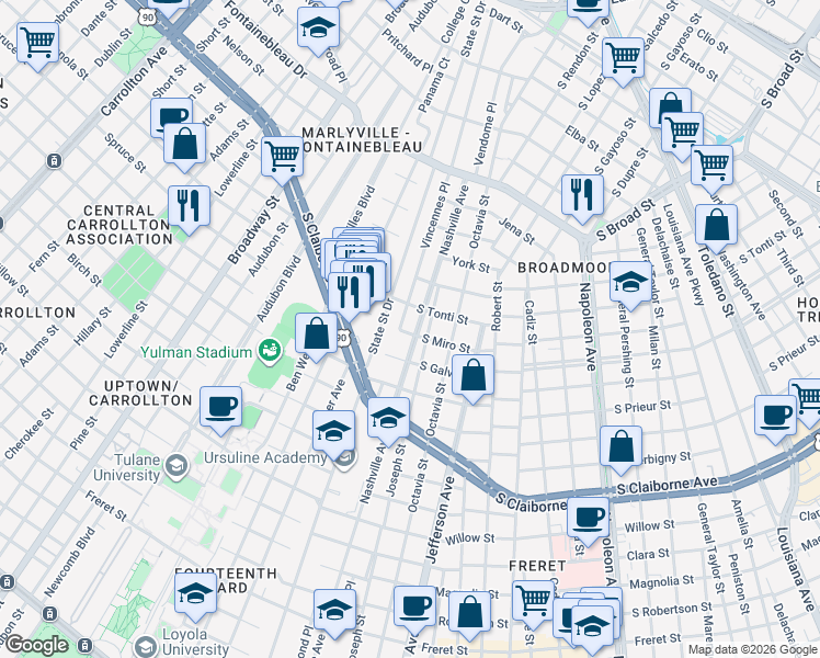 map of restaurants, bars, coffee shops, grocery stores, and more near 3308 Nashville Avenue in New Orleans