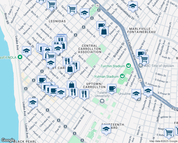 map of restaurants, bars, coffee shops, grocery stores, and more near 7521 Jeannette Street in New Orleans