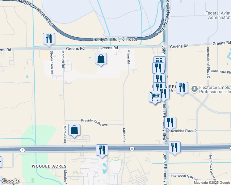 map of restaurants, bars, coffee shops, grocery stores, and more near 15655 Milner Road in Houston
