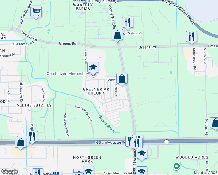 map of restaurants, bars, coffee shops, grocery stores, and more near 15610 Martineau Street in Houston