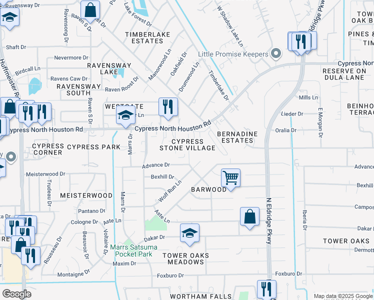 map of restaurants, bars, coffee shops, grocery stores, and more near 11810 Chetman Drive in Houston