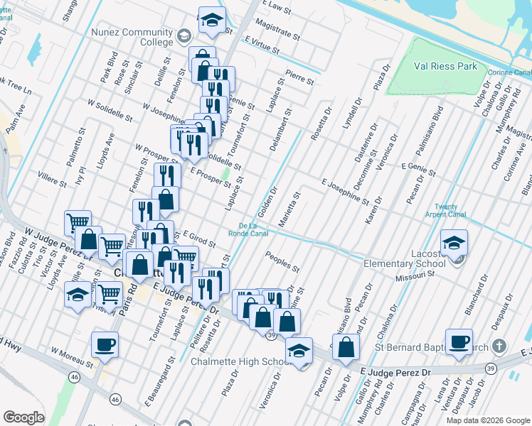 map of restaurants, bars, coffee shops, grocery stores, and more near 505 East Street Avide Street in Chalmette