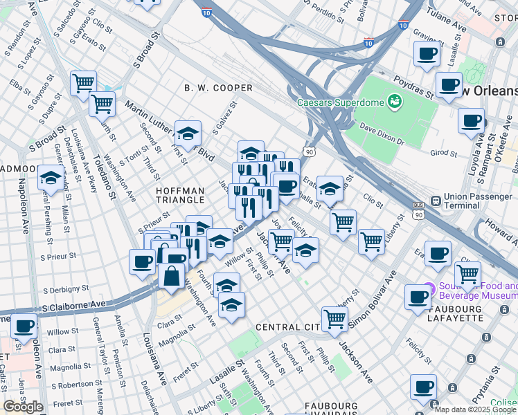 map of restaurants, bars, coffee shops, grocery stores, and more near 2101 South Claiborne Avenue in New Orleans