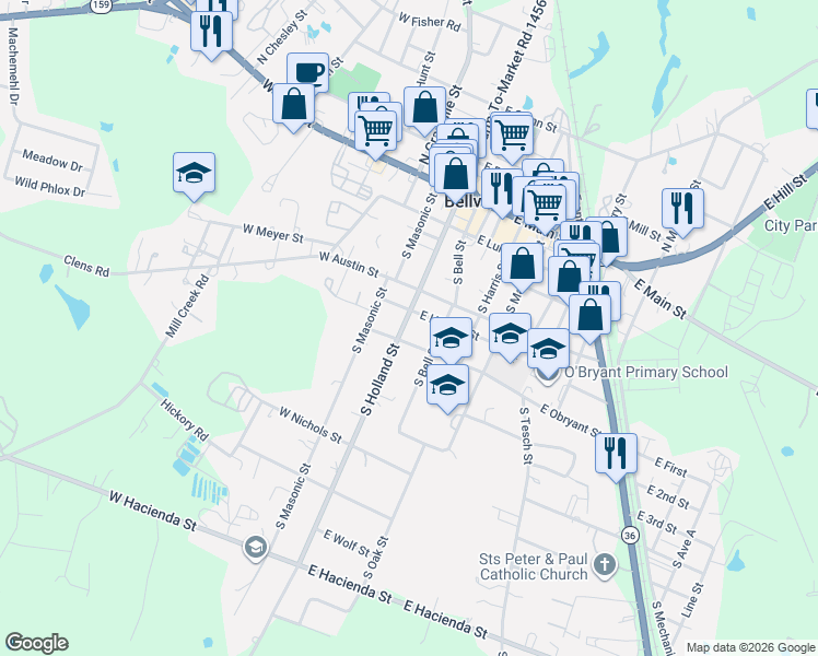 map of restaurants, bars, coffee shops, grocery stores, and more near 419 South Holland Street in Bellville