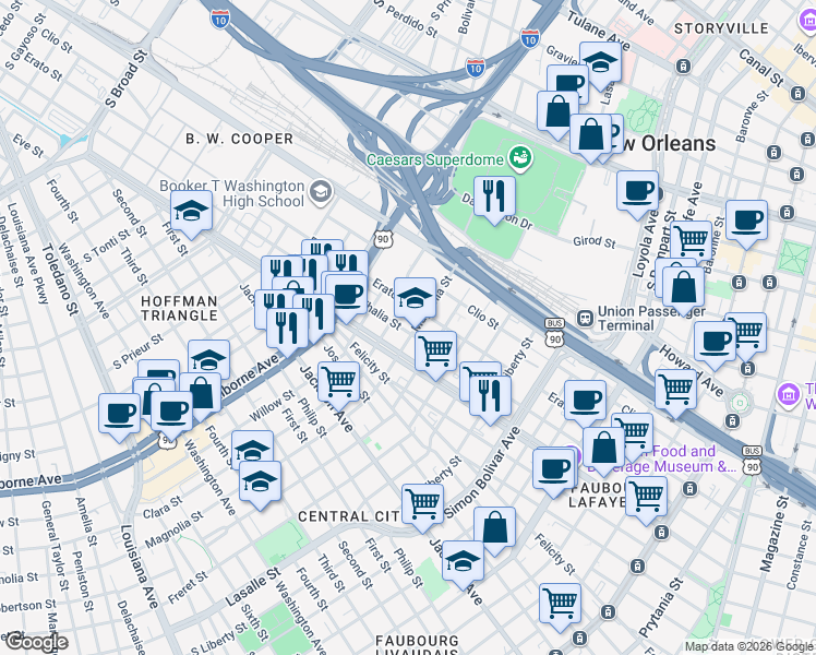 map of restaurants, bars, coffee shops, grocery stores, and more near 1331 Magnolia Street in New Orleans