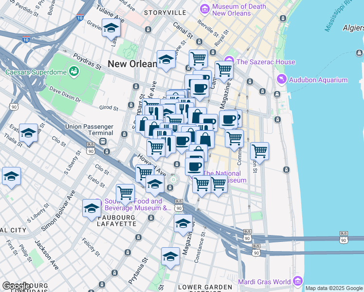 map of restaurants, bars, coffee shops, grocery stores, and more near 700 Julia St in New Orleans