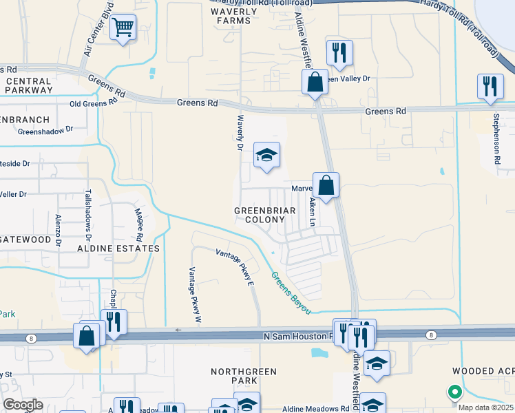 map of restaurants, bars, coffee shops, grocery stores, and more near 1923 Jeffers Circle in Houston