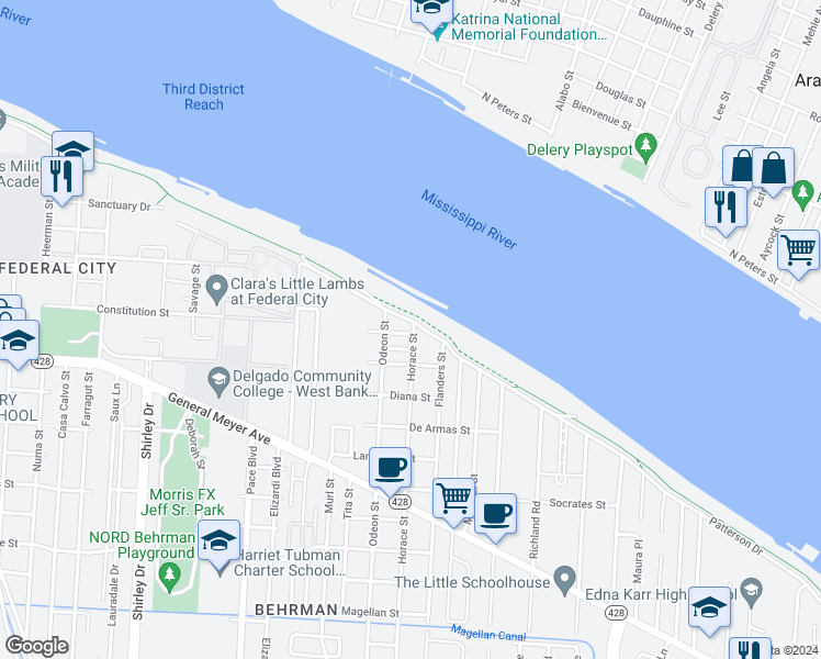 map of restaurants, bars, coffee shops, grocery stores, and more near 3234 Homer Street in New Orleans