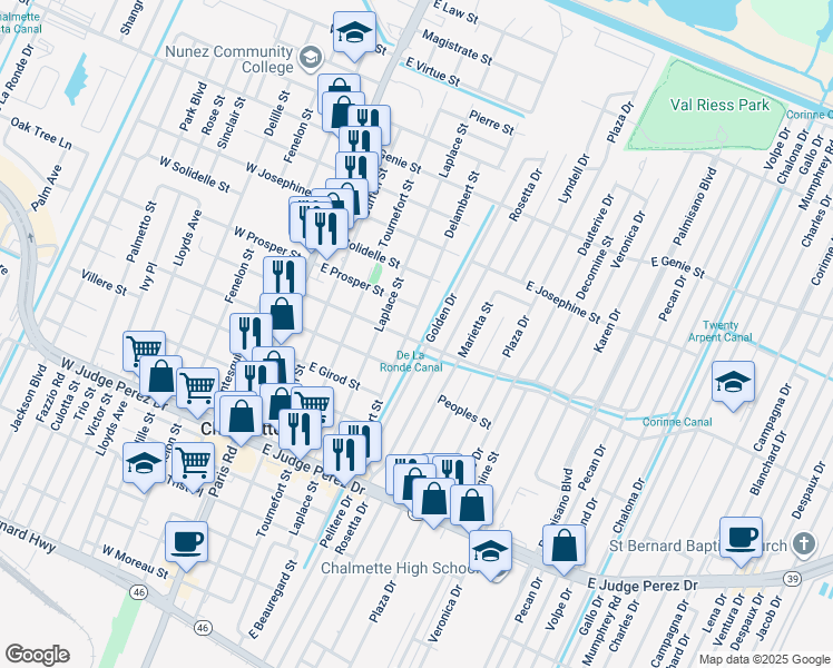 map of restaurants, bars, coffee shops, grocery stores, and more near 505 East Street Avide Street in Chalmette