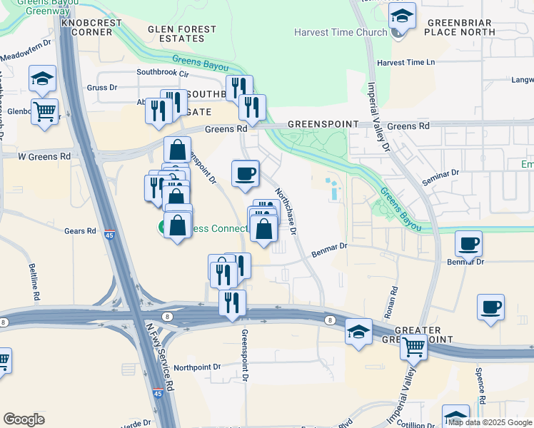 map of restaurants, bars, coffee shops, grocery stores, and more near 16855 Northchase Drive in Houston