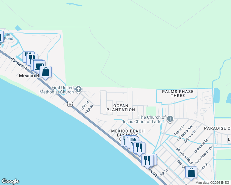 map of restaurants, bars, coffee shops, grocery stores, and more near 220-226 Bailey Lane in Mexico Beach