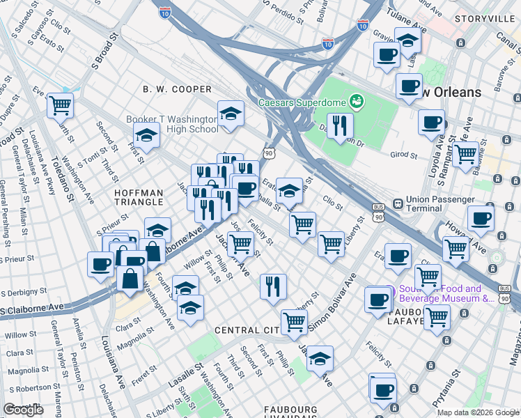 map of restaurants, bars, coffee shops, grocery stores, and more near 2825 Martin Luther King Junior Boulevard in New Orleans